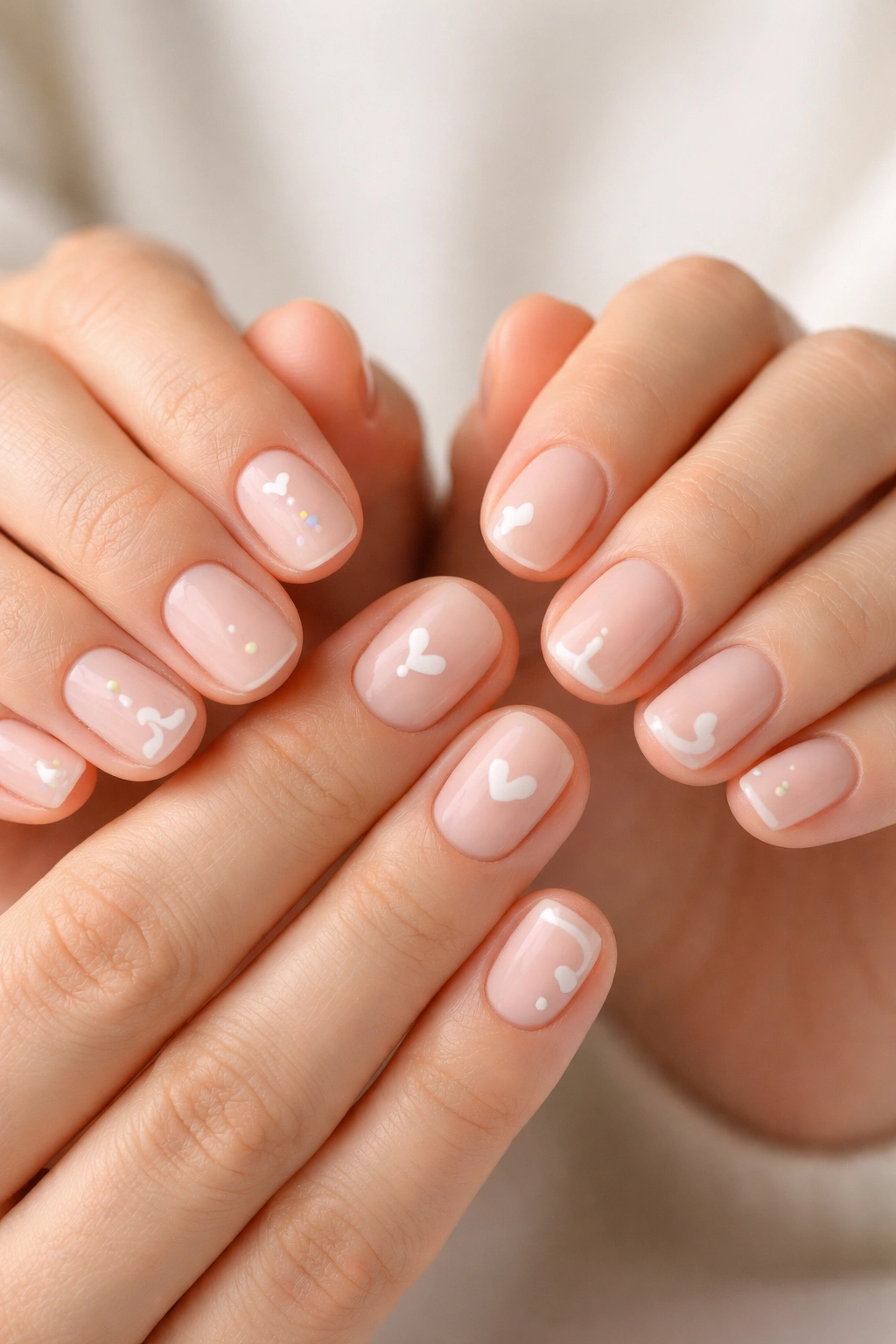 Close-up of two hands with short nails showing coordinated manicure designs.
