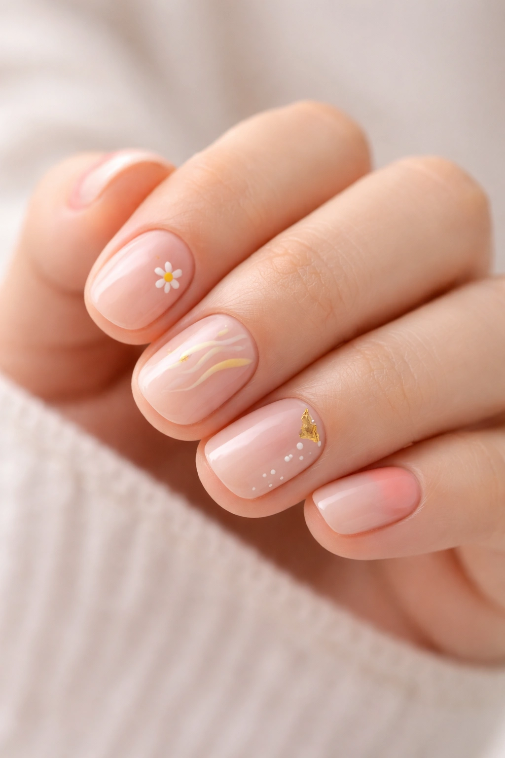 Close-up of short nails with minimalist nail art on a hand, studio lighting.