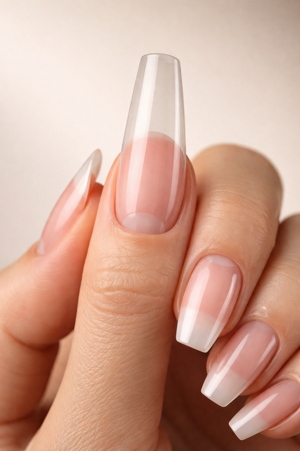 Close-up of a hand showing an overly long nail tip on a small nail bed to illustrate a common mistake