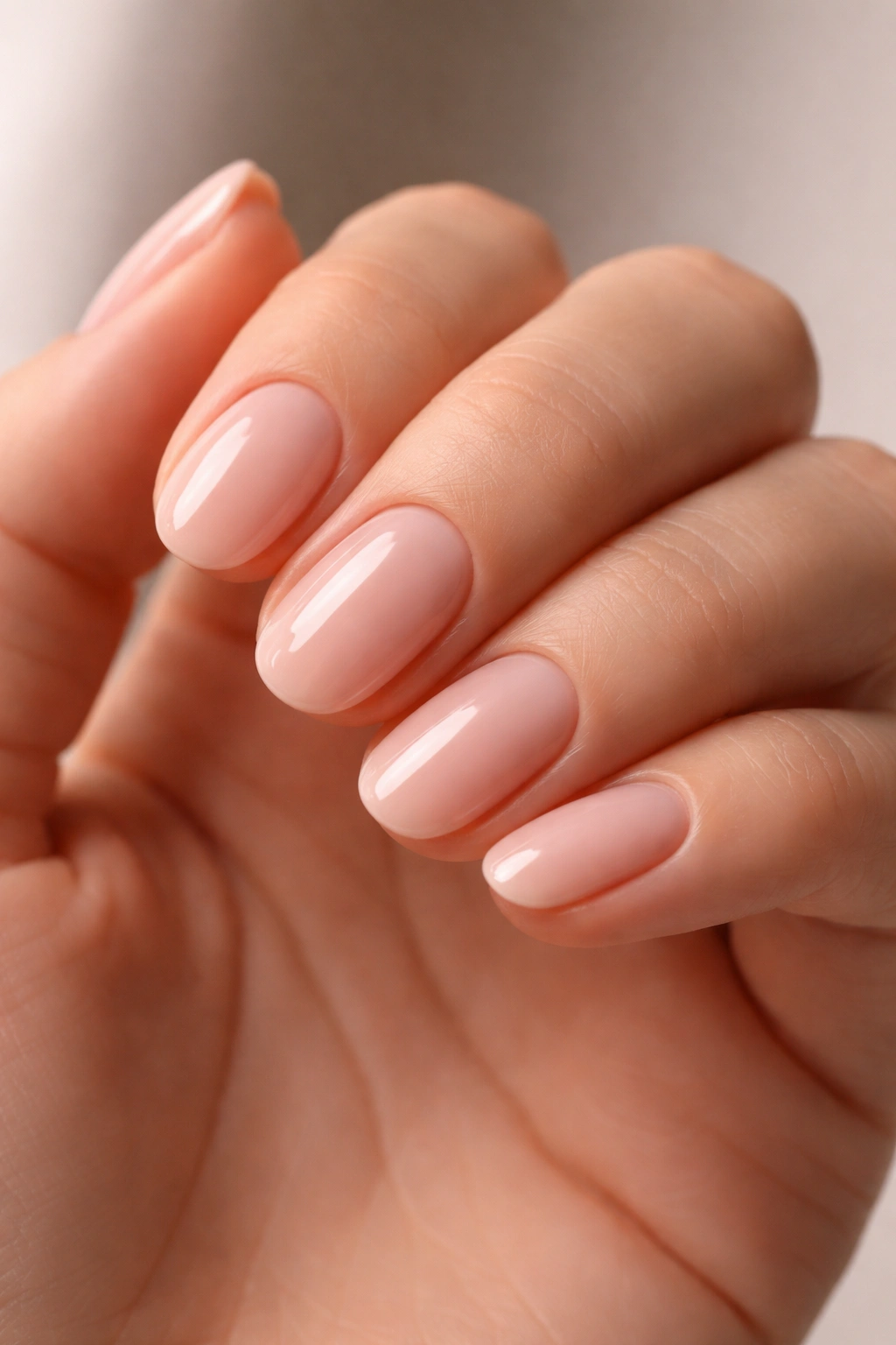 Close-up of a hand with short oval nails showing clean edges and glossy finish