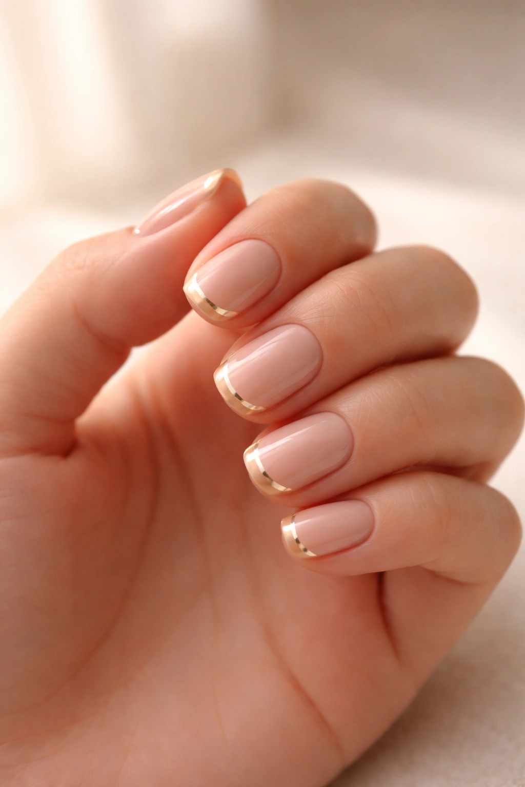 Short nails with nude base and thin gold French tip