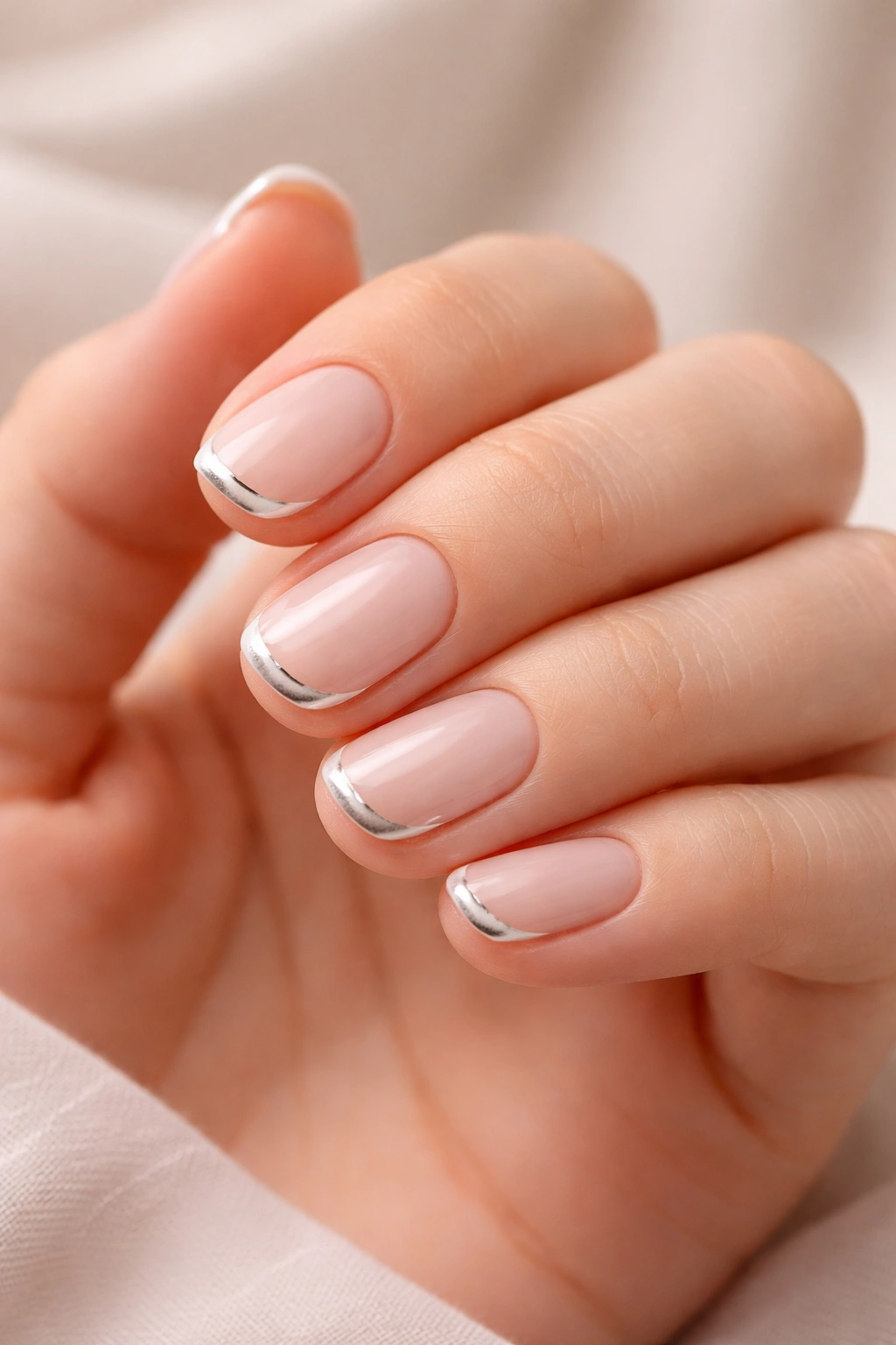 Hand with short nails featuring white tips and a thin metallic edge for petite hands