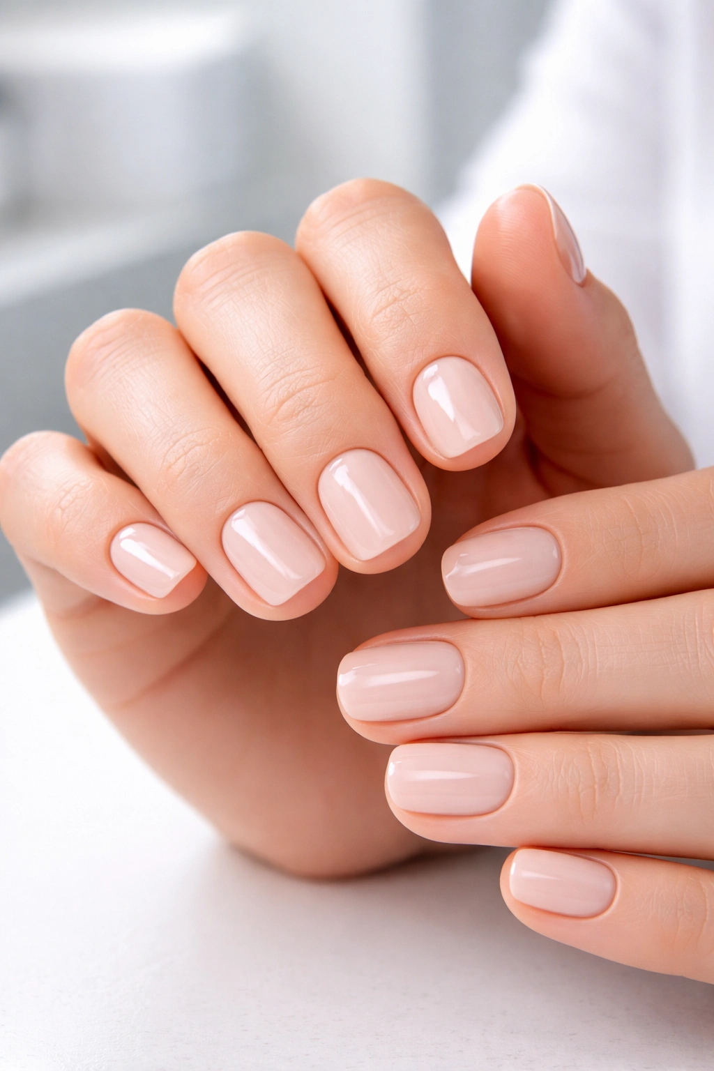 Close-up of hands with short nails polished in nude shade, nails neatly shaped