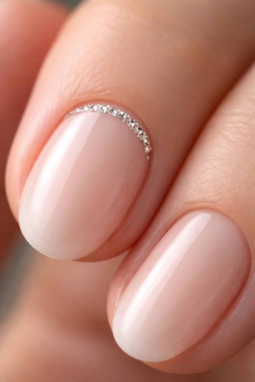 Close-up of a short oval nail with a tiny rhinestone crescent at the base following the cuticle