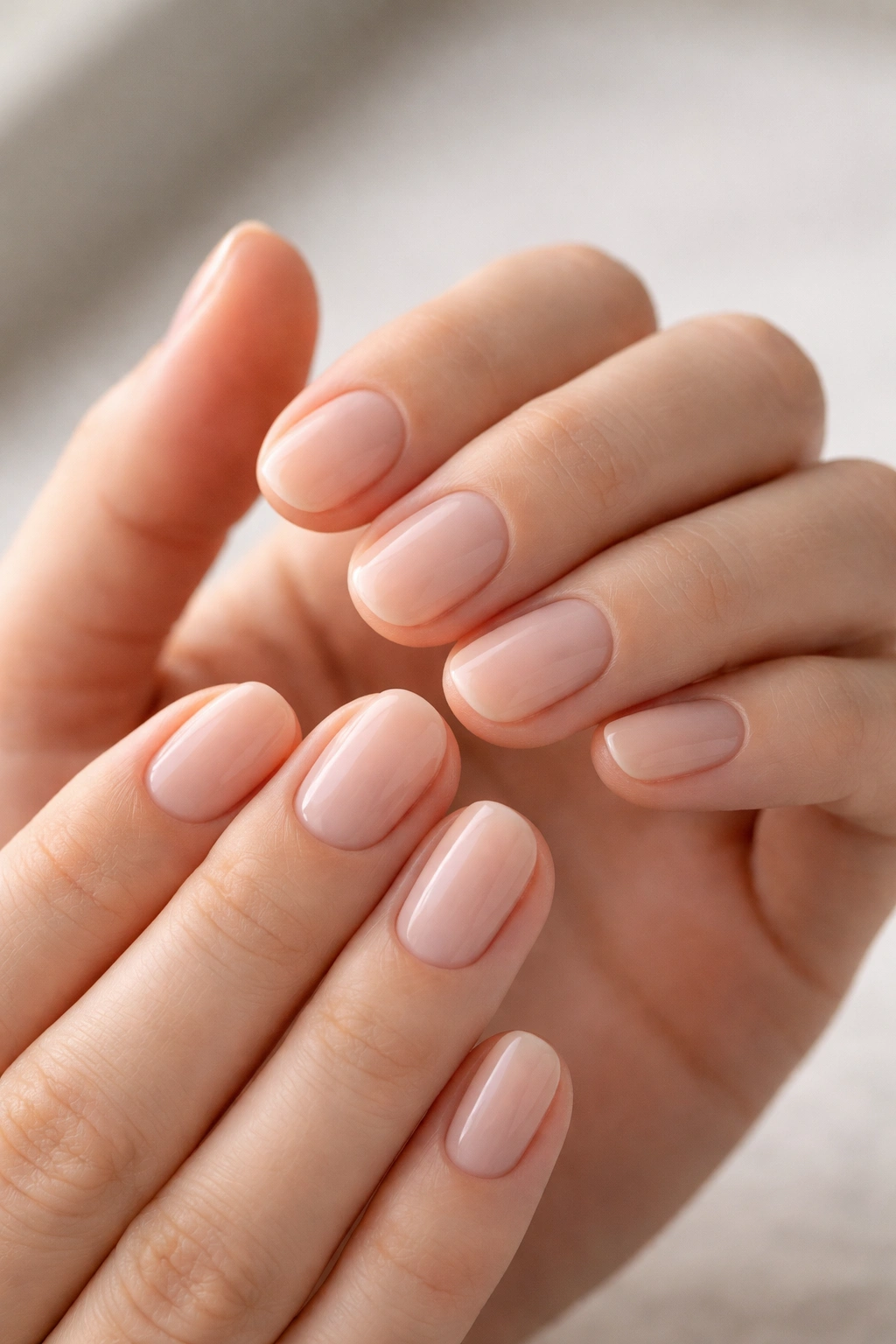 Close-up of hands with short round nails showing the correct shape and length