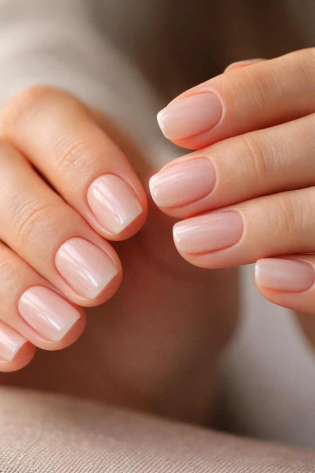 Close-up of hands with short square-oval nails showing glossy finish