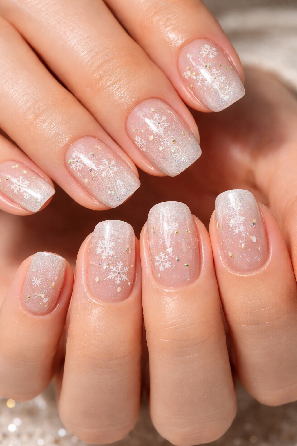 Close-up of short squoval nails with festive snowflake and gradient nail art on a neutral background