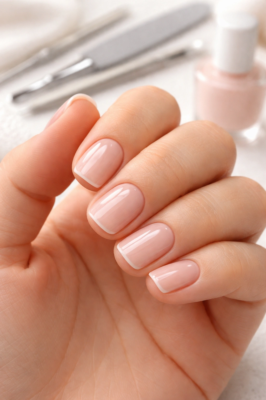 Hand with short neatly shaped nails and pushed-back cuticles