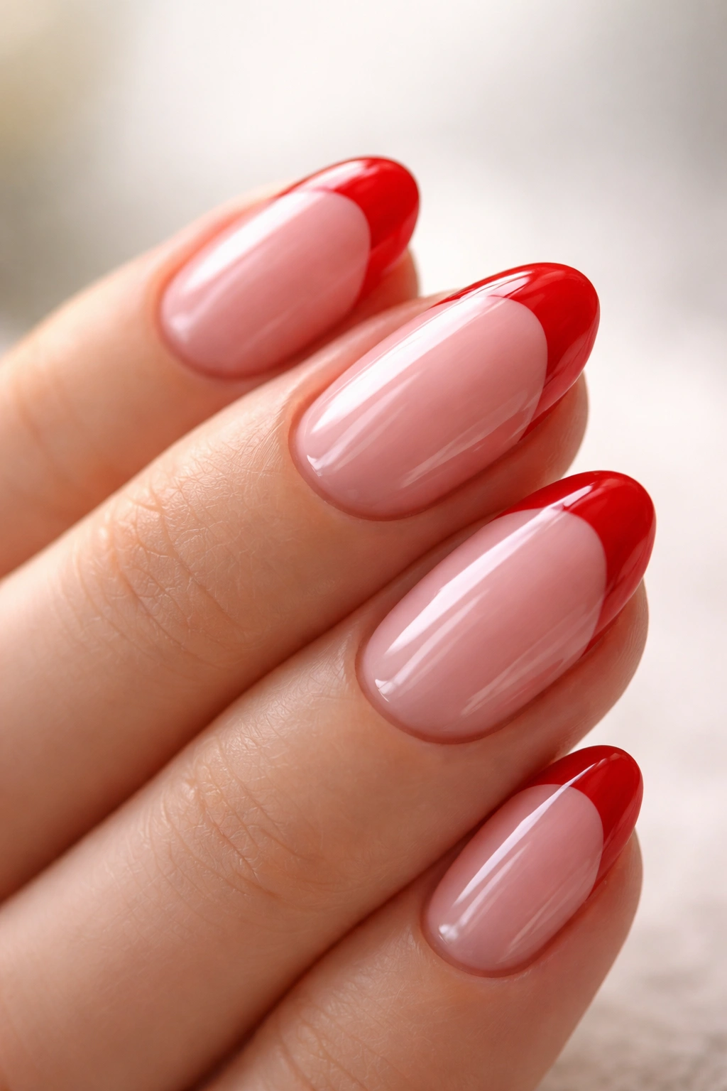 Short almond nails with sealed free edge and glossy topcoat