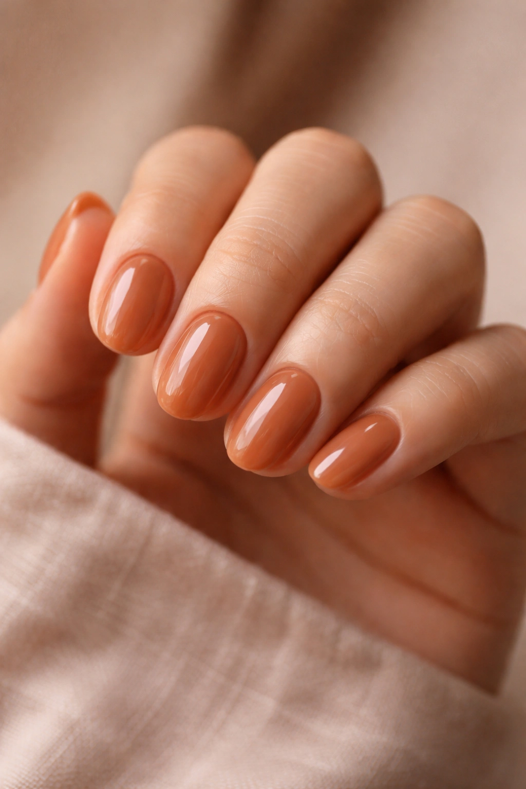 Close-up of a hand with short oval nails in a warm caramel shade with a subtle glaze