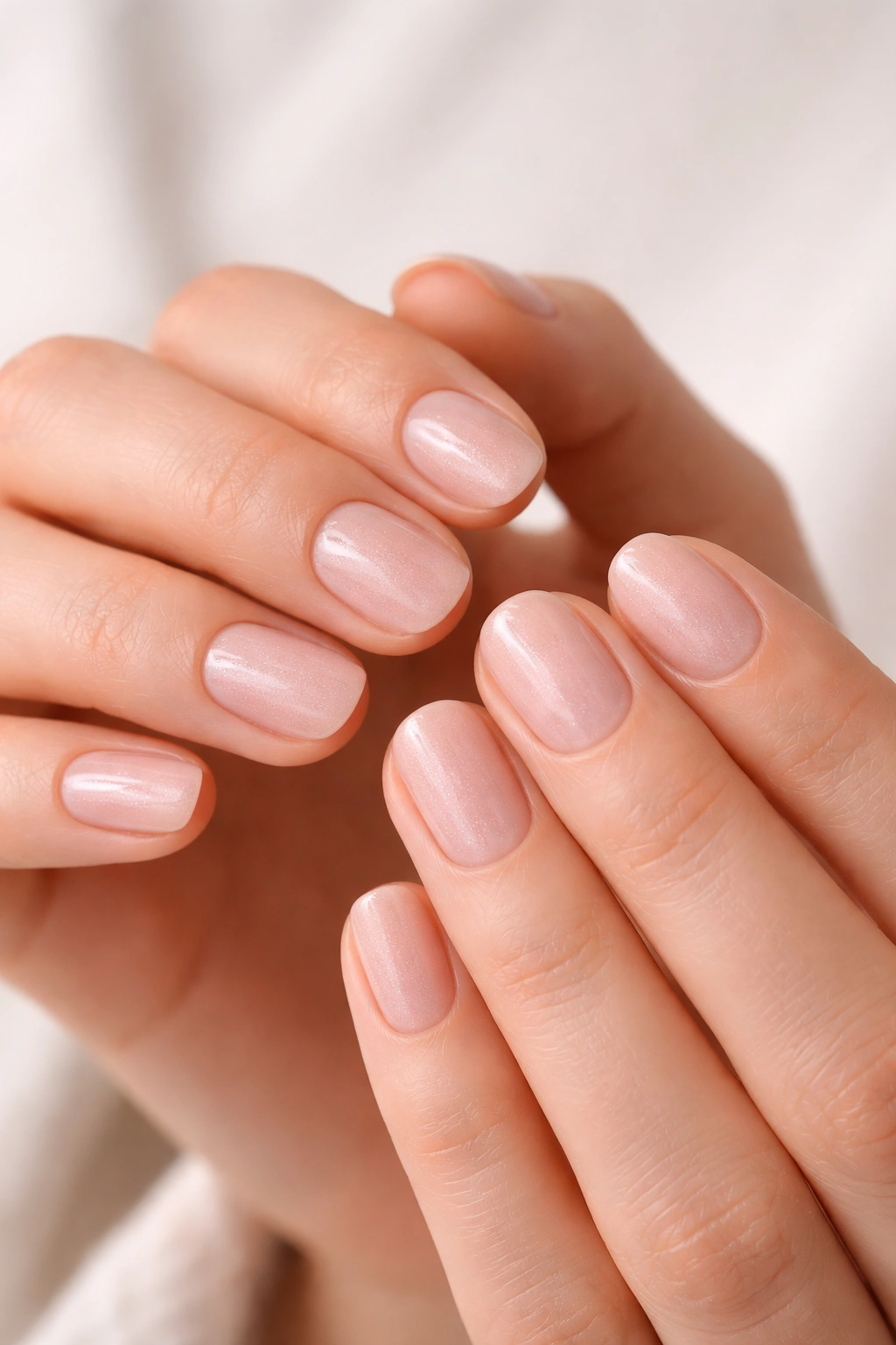Close-up of short natural nails with sheer pink polish and healthy cuticles