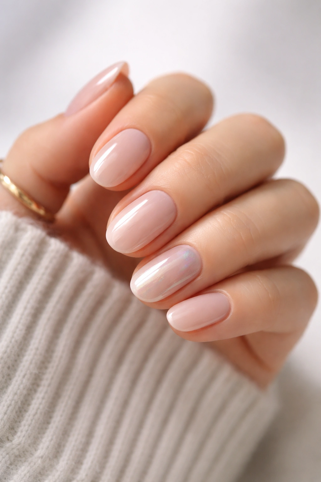 Close-up of short oval nails with nude gradient and chrome accent on ring finger