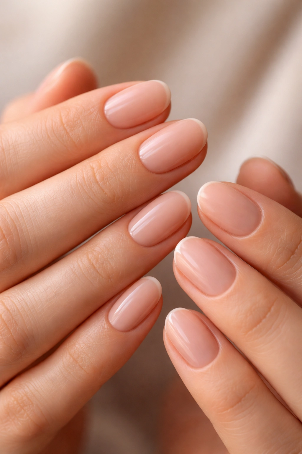 Close-up of hands with short oval nails featuring a clean, bare finish and smooth cuticles