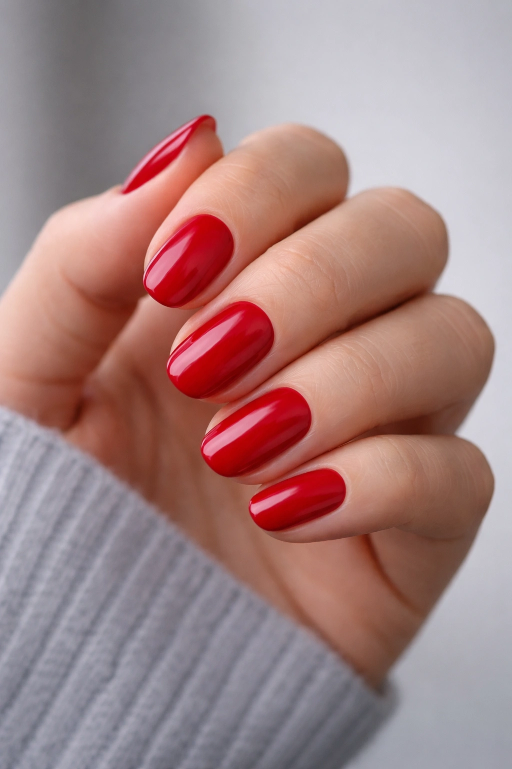 Close-up of short oval nails in blue-red shade with cool undertone and crisp edges