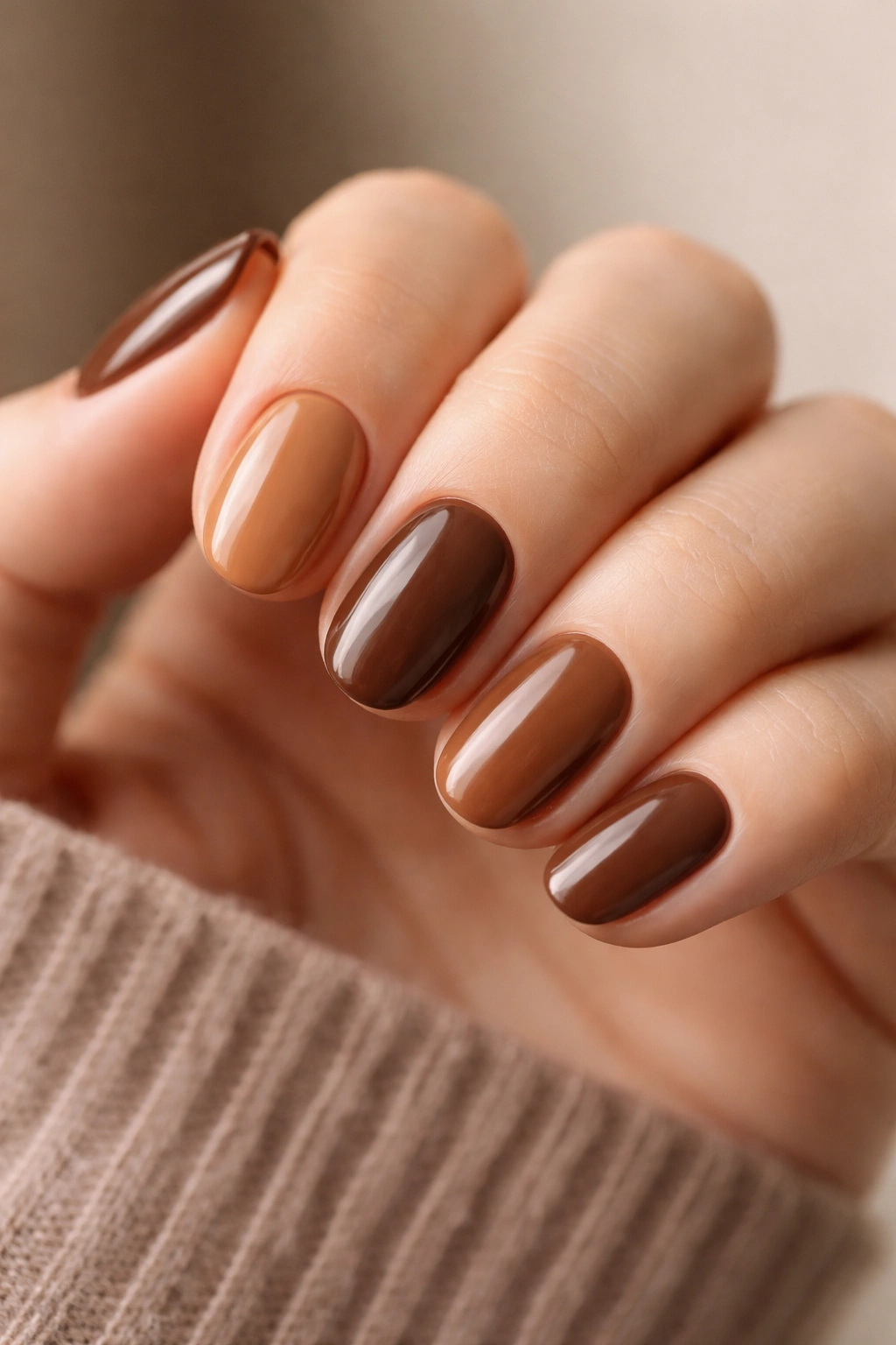 Close-up of balanced short oval brown nails on hand