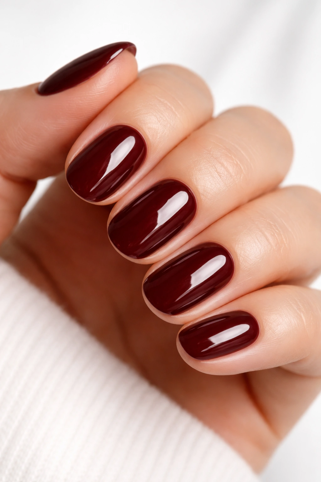Close-up of short oval nails in deep burgundy with glossy finish