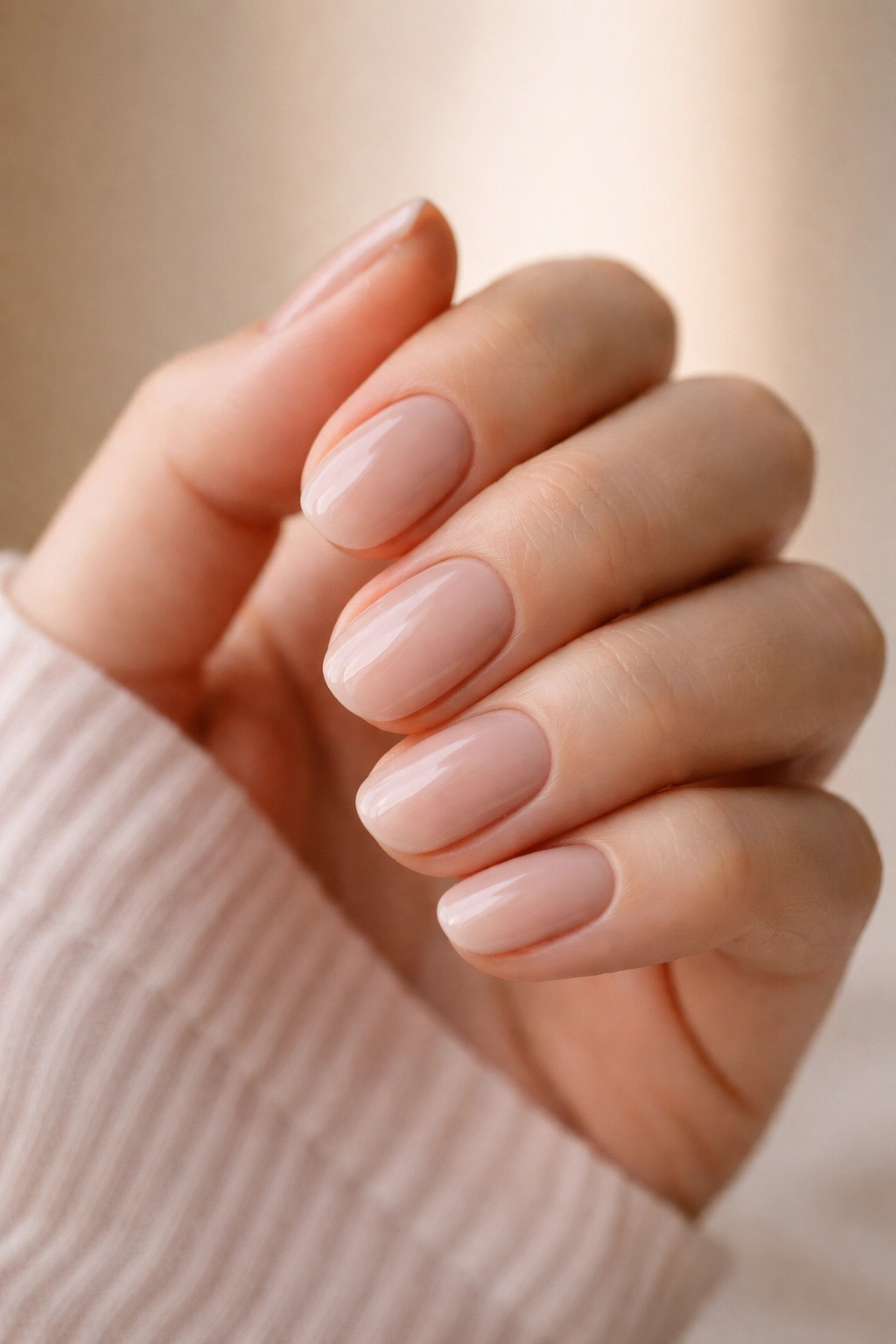 Close-up of short oval nails with glossy nude polish and groomed cuticles