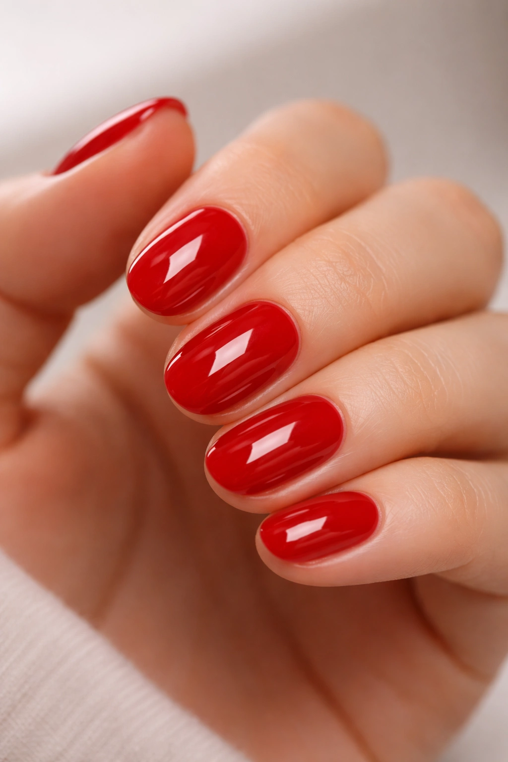 Close-up of short oval nails in bright cherry red with a glossy mirror finish