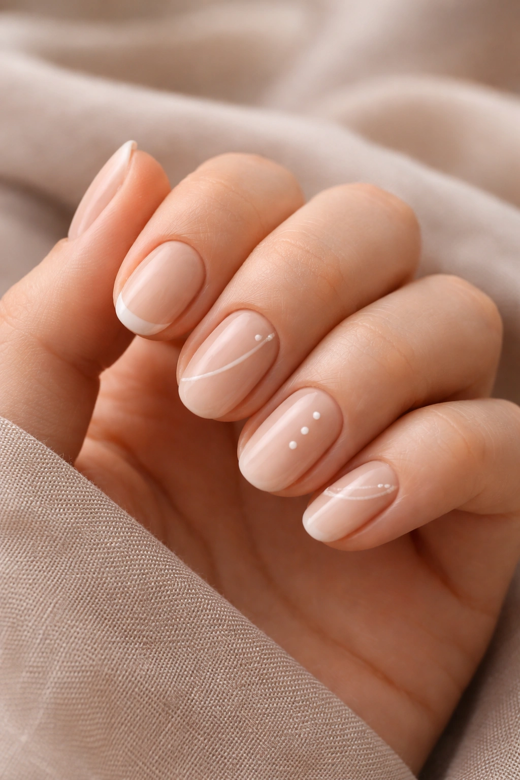 Close-up of short oval nails with restrained designs suitable for short length.