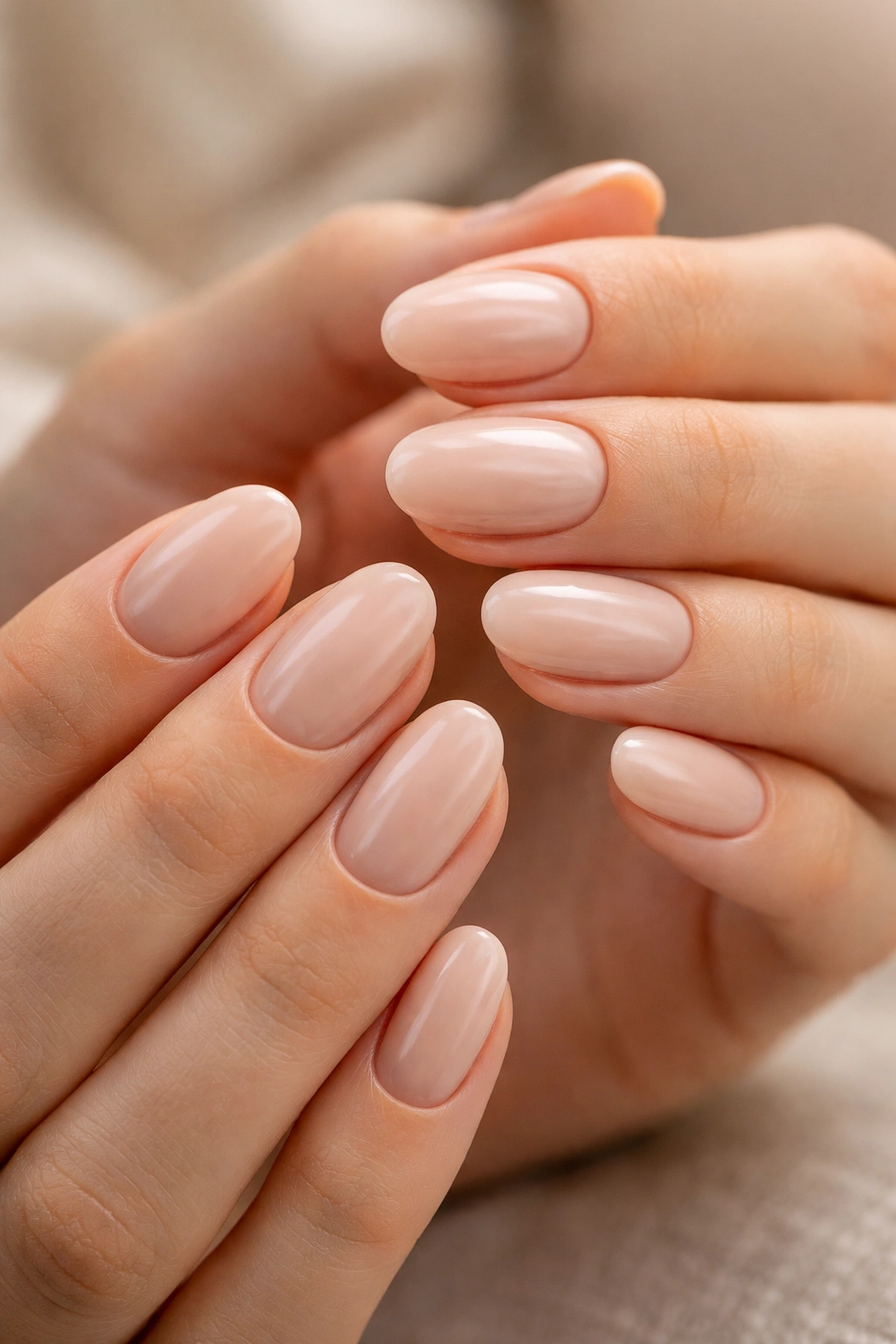 Close-up of hands displaying short oval dip powder nails in nude tone on neutral backdrop