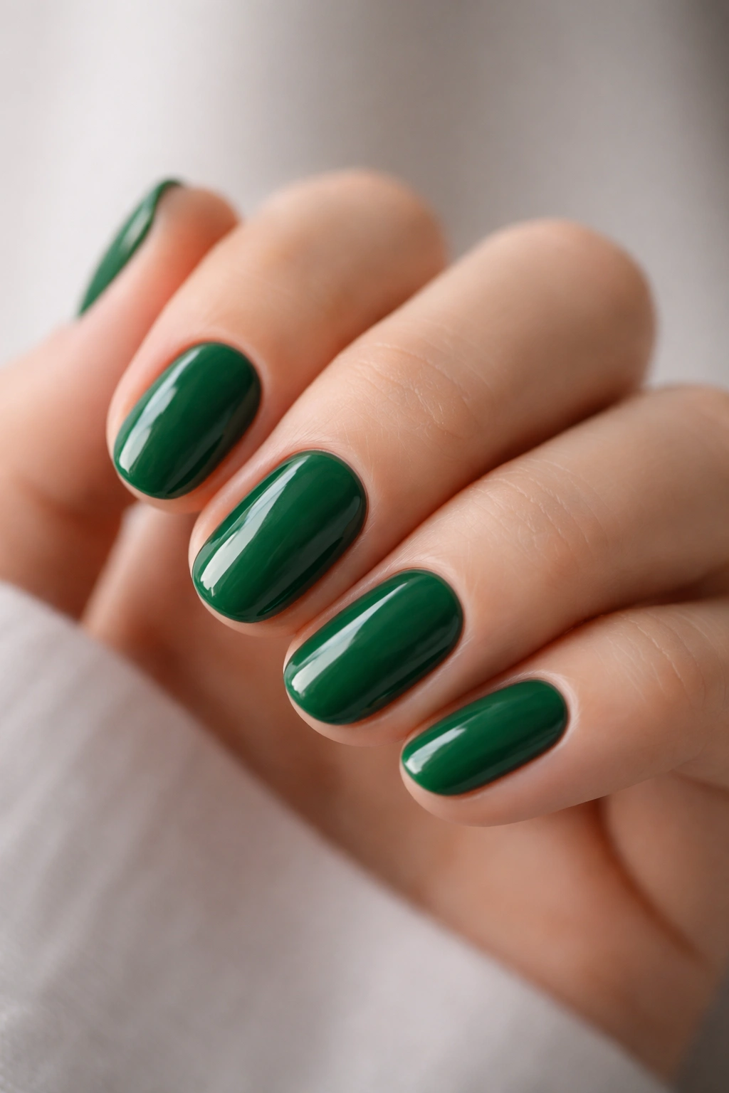 Hand with short oval nails in emerald green showing sharp shape