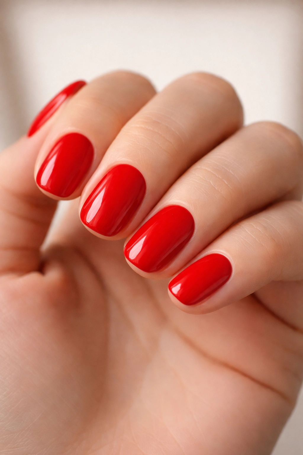 Close-up of short oval nails in fire engine red with opaque glossy finish