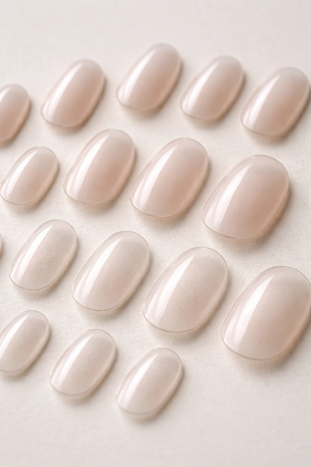 Flat lay of short oval nail tips in varying widths to show fit options