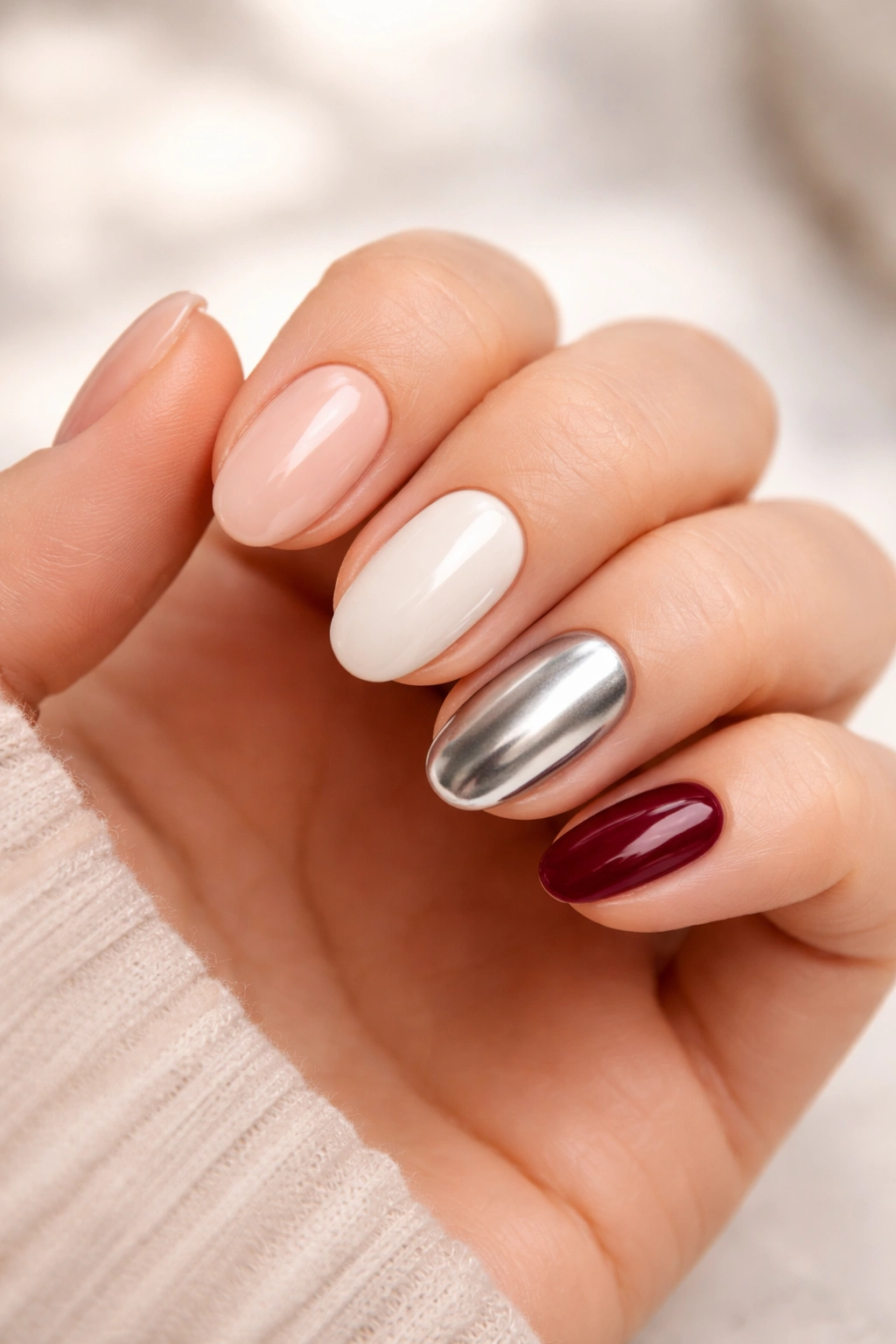 Close-up of a hand showing short oval builder gel nails in milky nude, ballet pink, soft white, chrome, and wine finishes