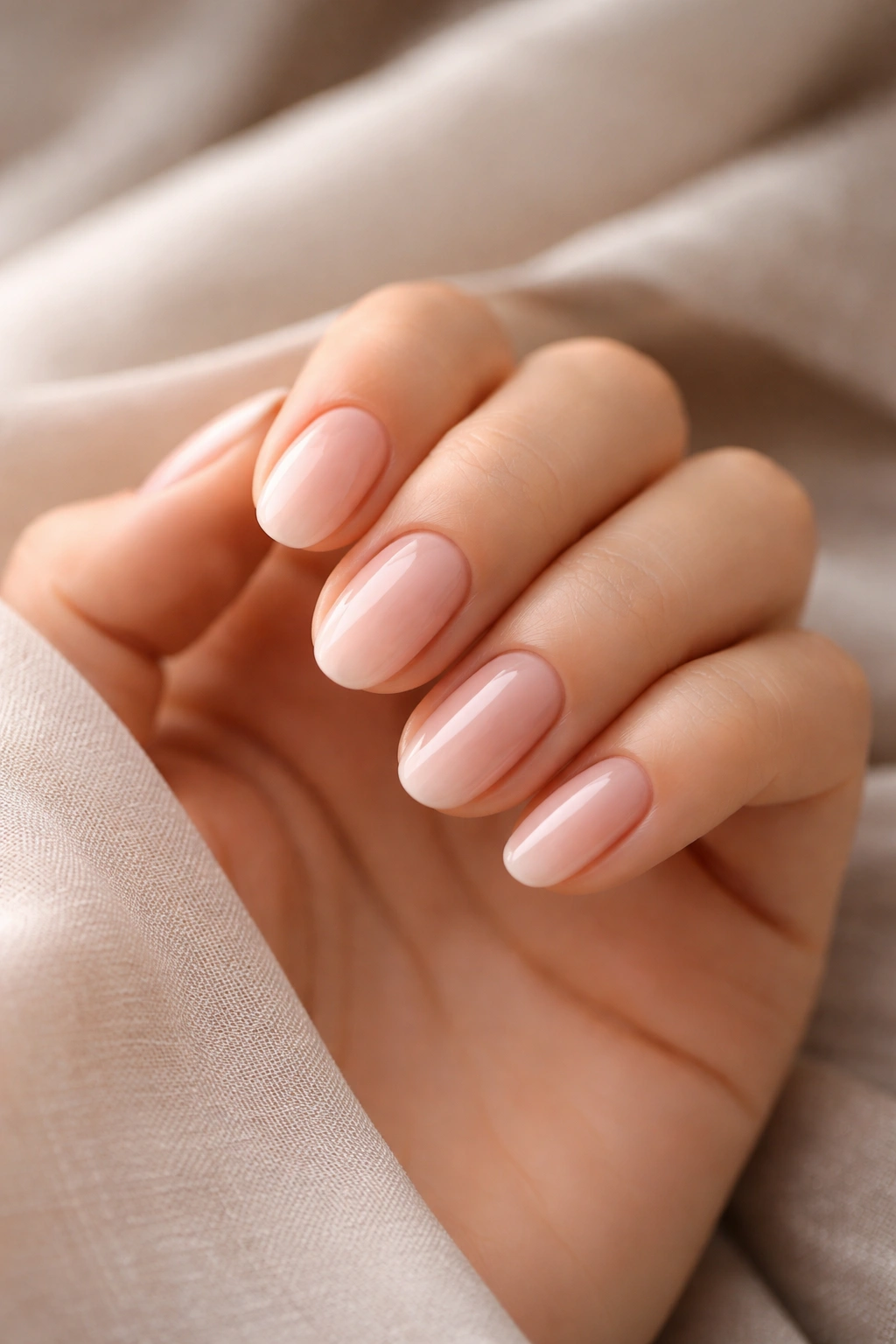 Close-up of a hand displaying short oval nails with sheer pink polish