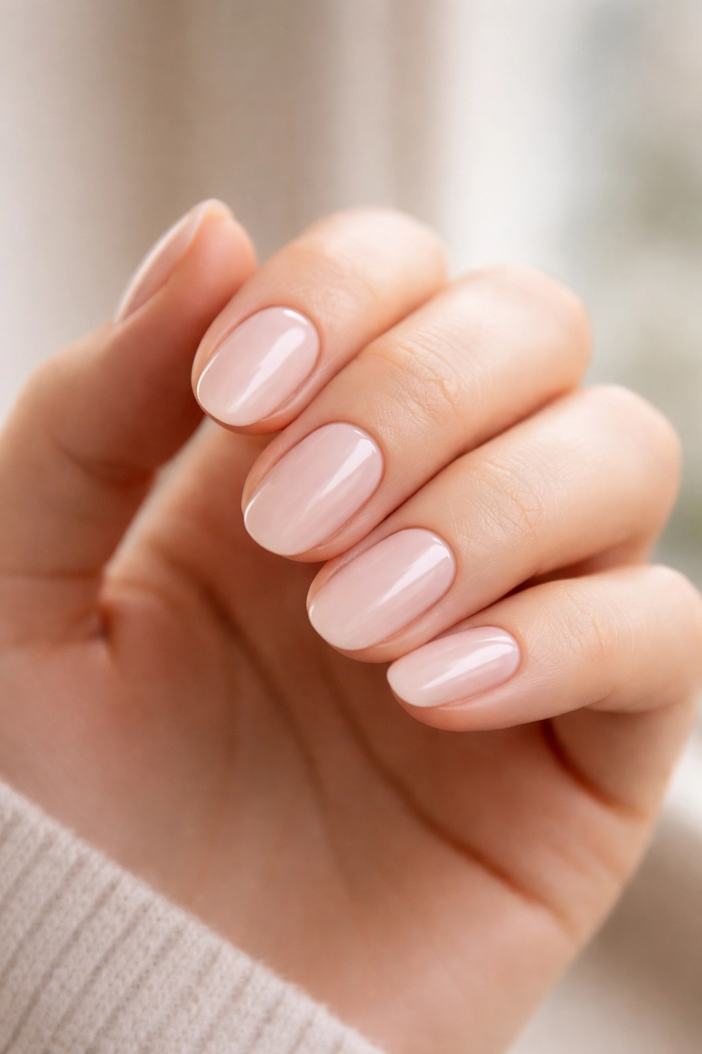 Close-up of a hand with short oval nails showing refined curved tips against a neutral background