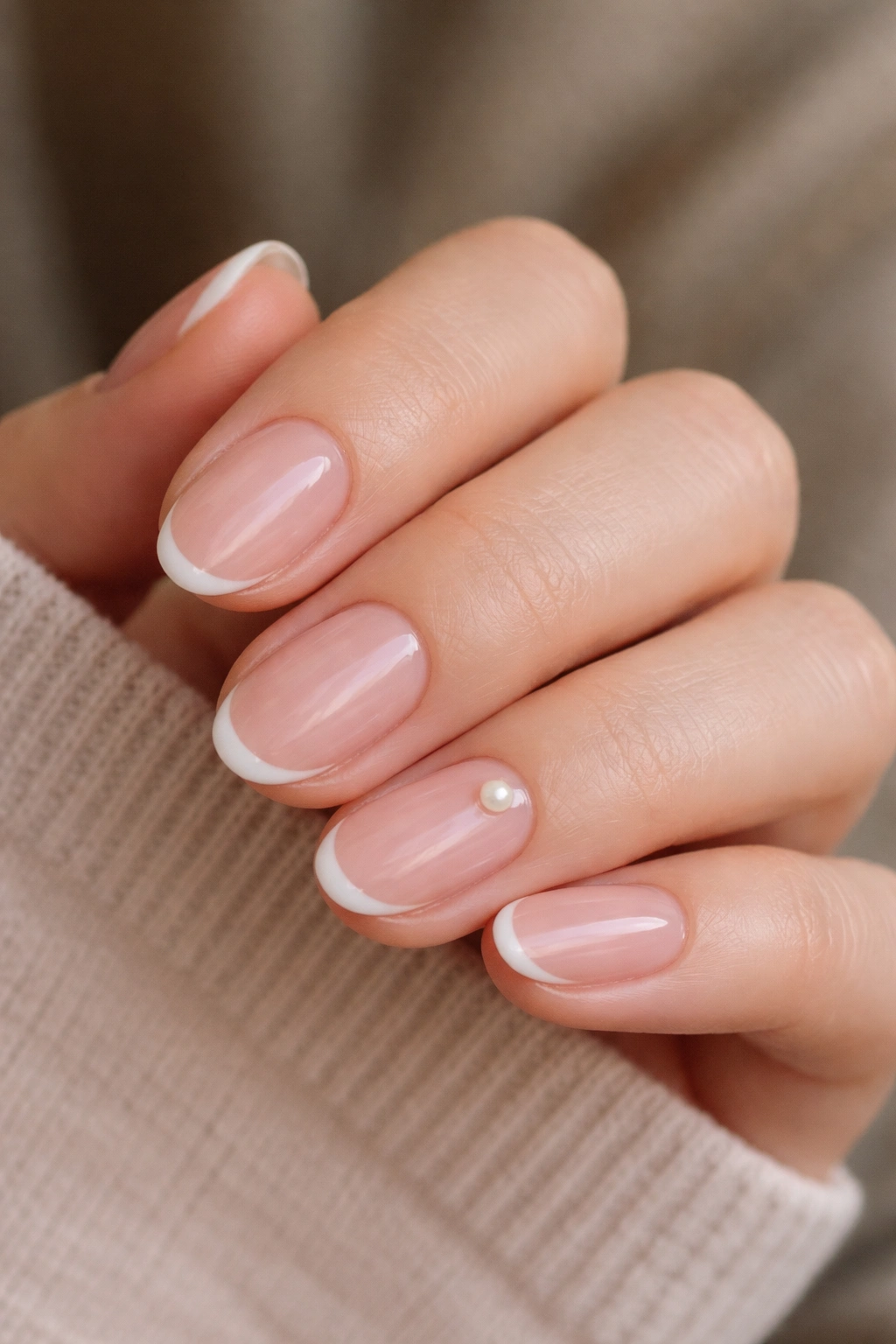 Close-up of short oval acrylic nails with sheer pink base and a tiny pearl accent on the ring finger