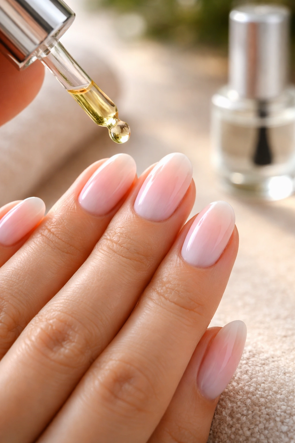 Hand applying cuticle oil to short oval nails