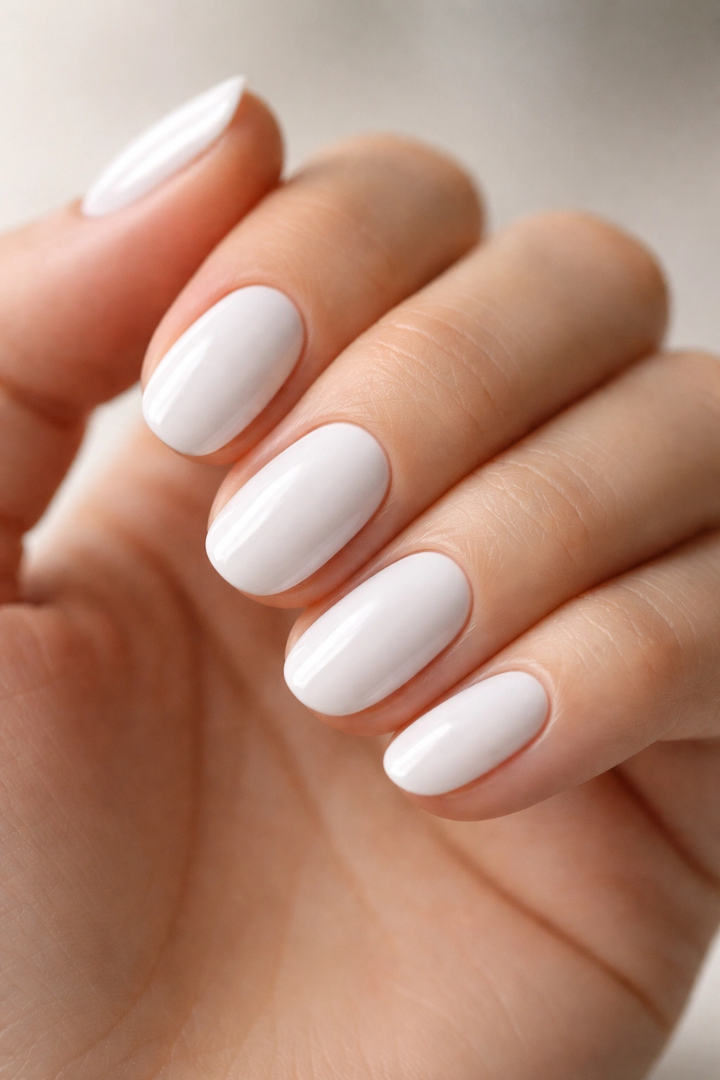 Close-up of pristine short oval white nails with a clean finish