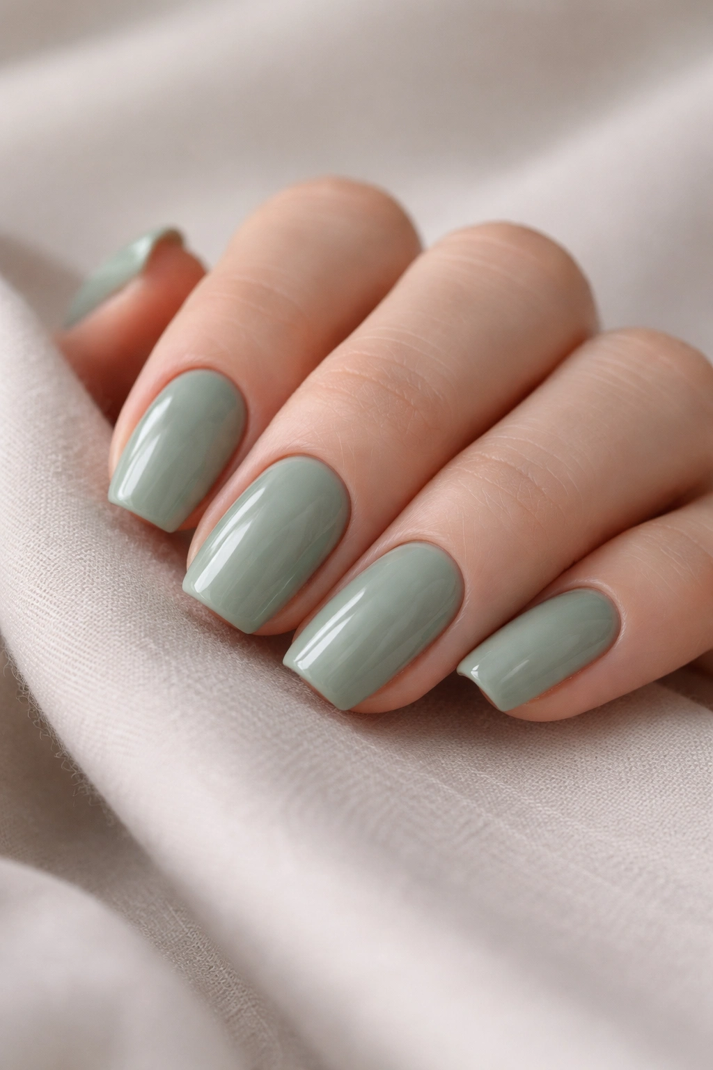 Close-up of short sage green ballerina nails with a glossy finish