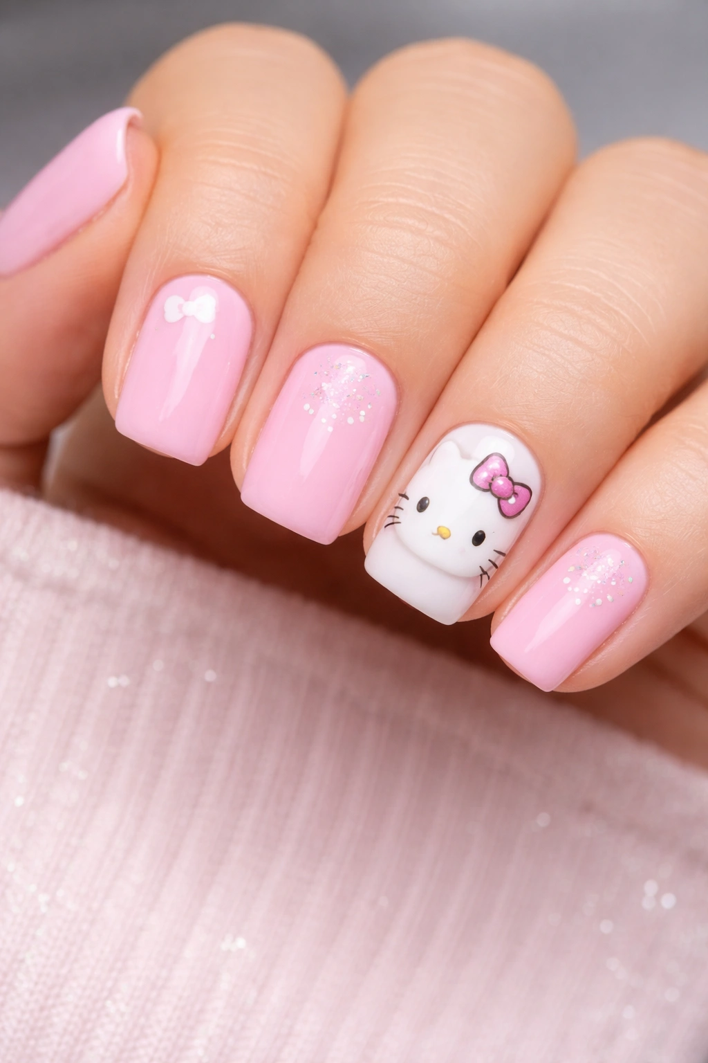 Close-up of short square Hello Kitty nails for kids and teens