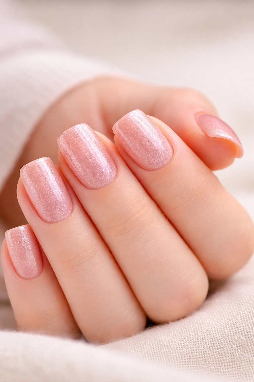 Close-up of short square nails with rosy shimmer