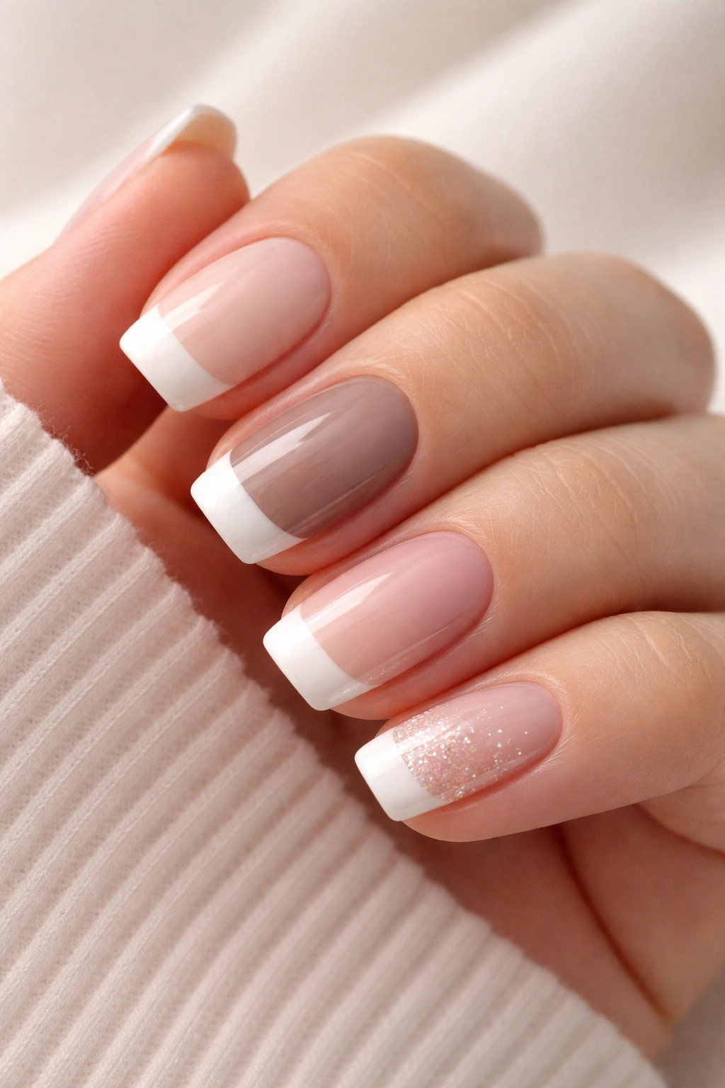 Hand with short squoval nails styled in multiple aesthetics