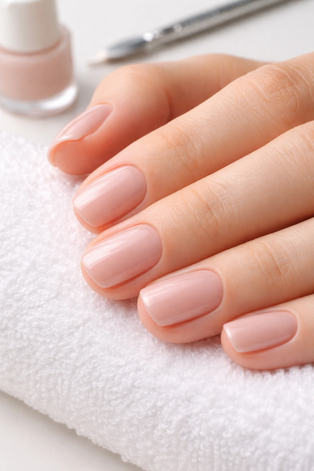 Close-up of a short squoval manicure highlighting low-maintenance look