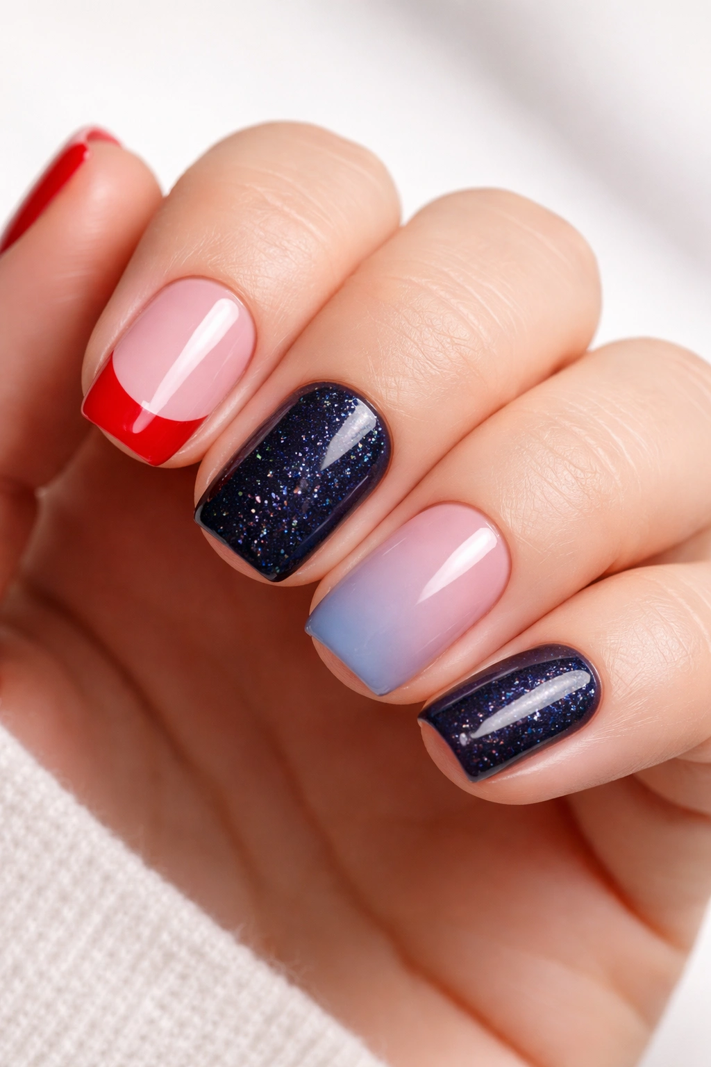 Close-up of short squoval nails with red with white tips, navy with stars, and gradient designs