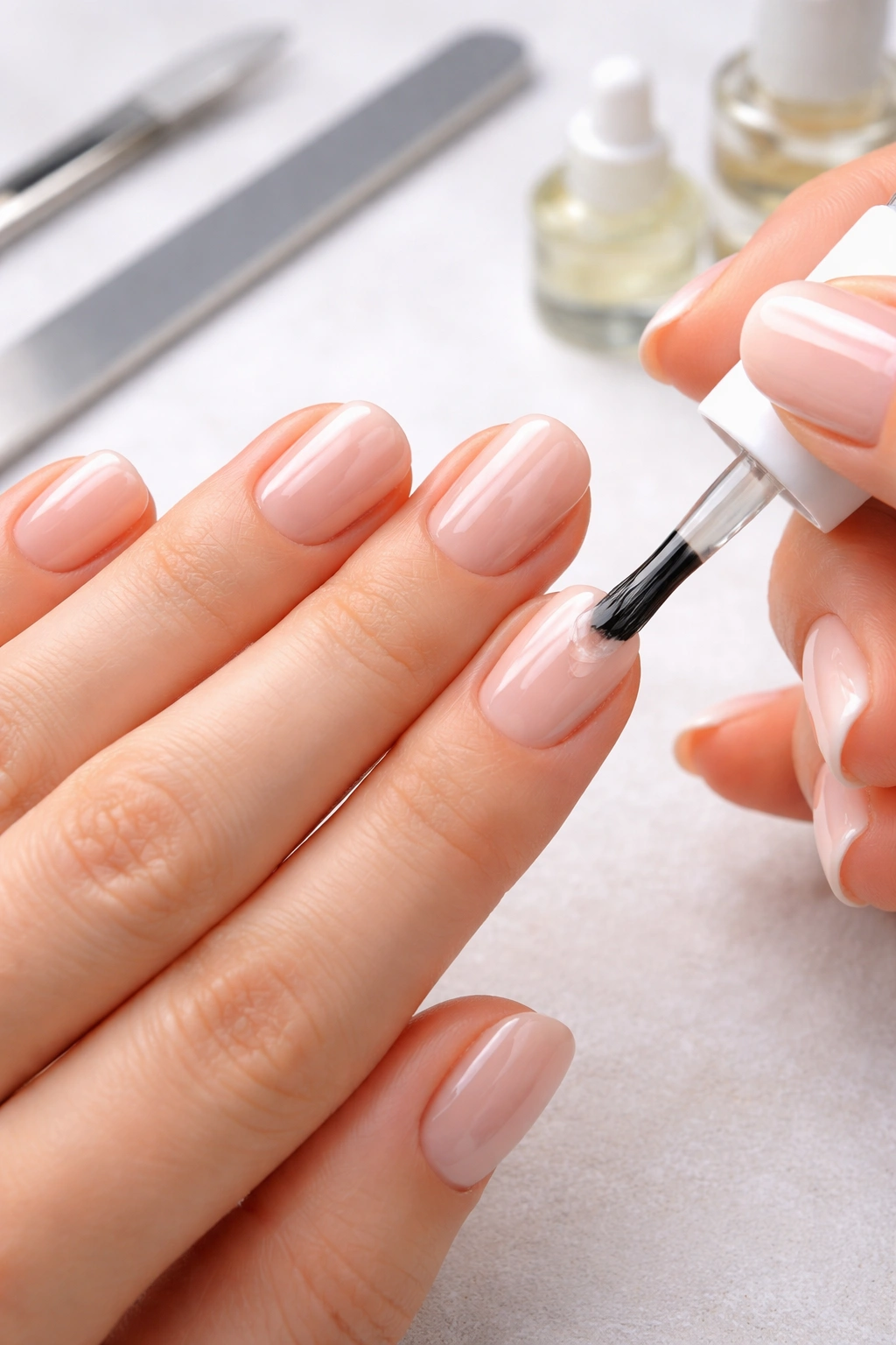 Close-up of hands with short squoval nails showing a glossy topcoat