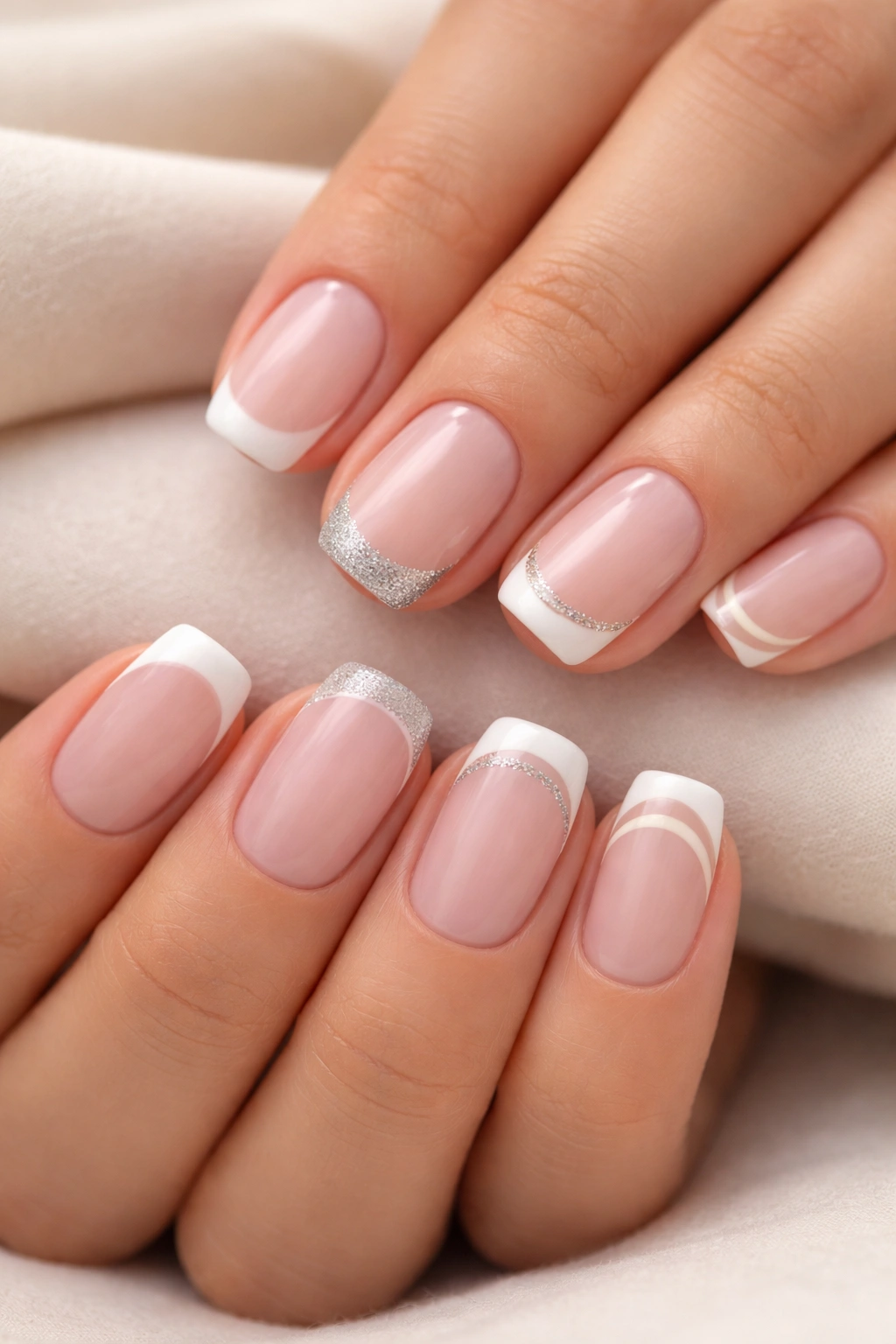 Close-up of short squoval nails showing a cohesive set of French tip variations