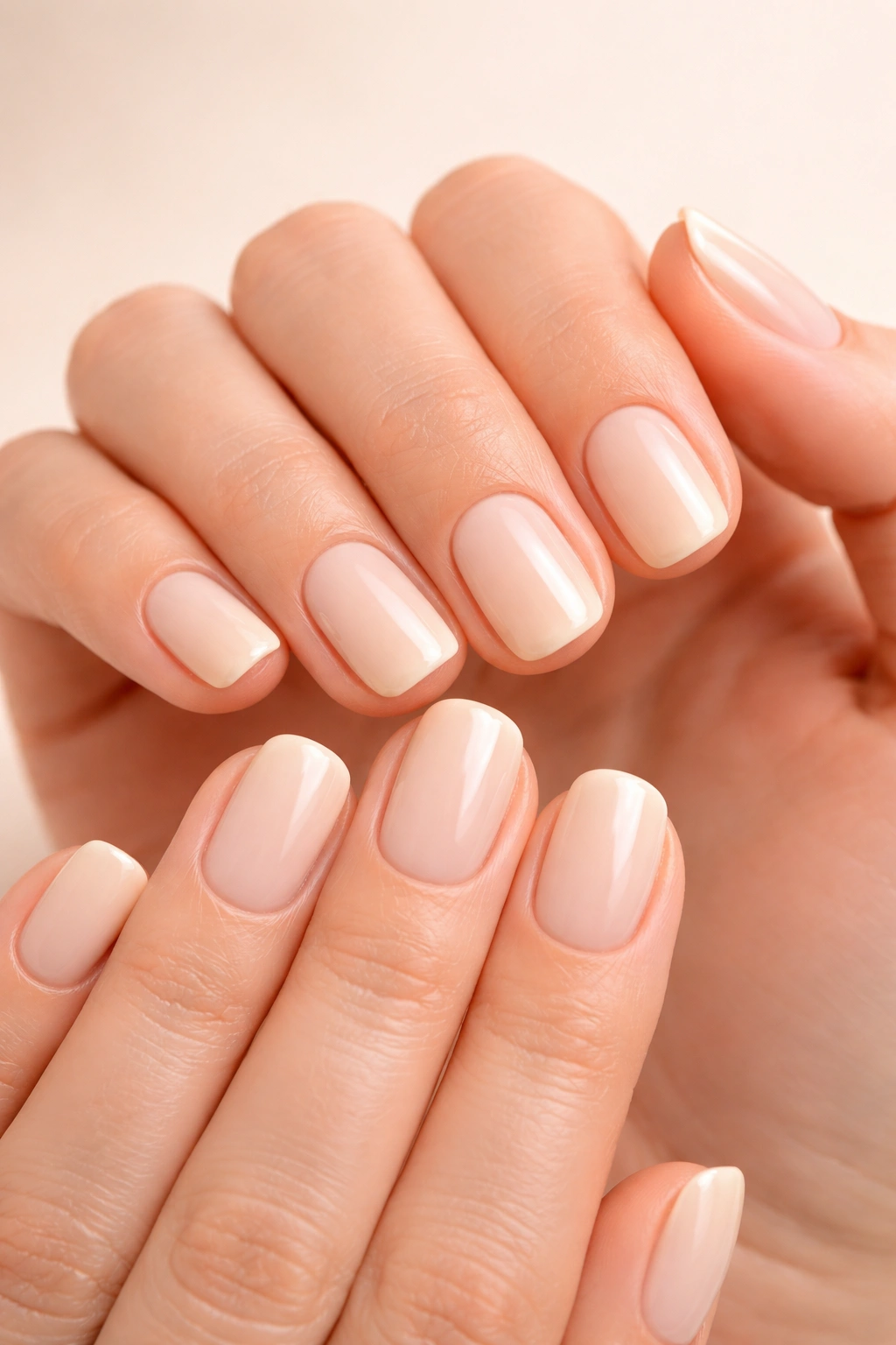 Close-up of short squoval nails with rounded corners