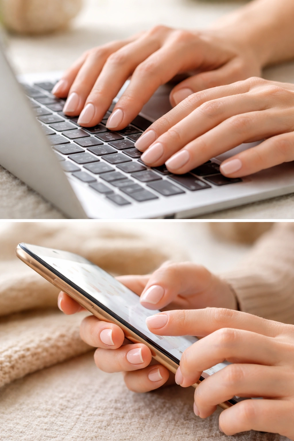 Hands with short squoval nails typing and using a touchscreen