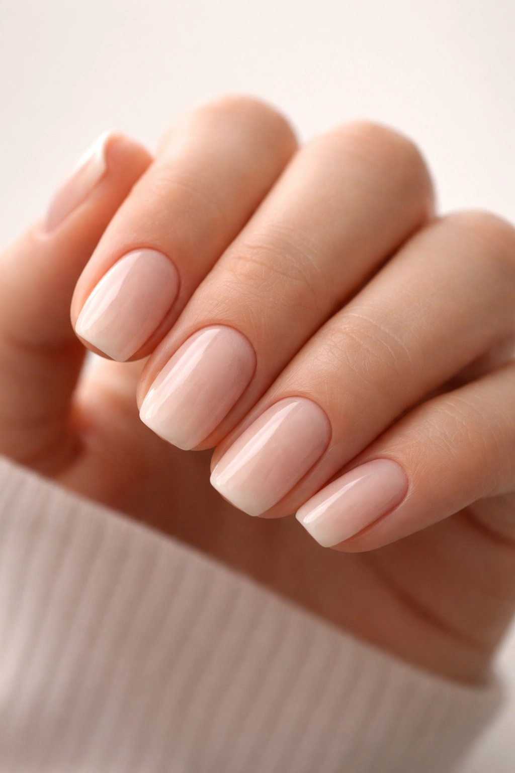 Close-up of short squoval dip powder nails on a hand, soft pastel nude tones, macro shot