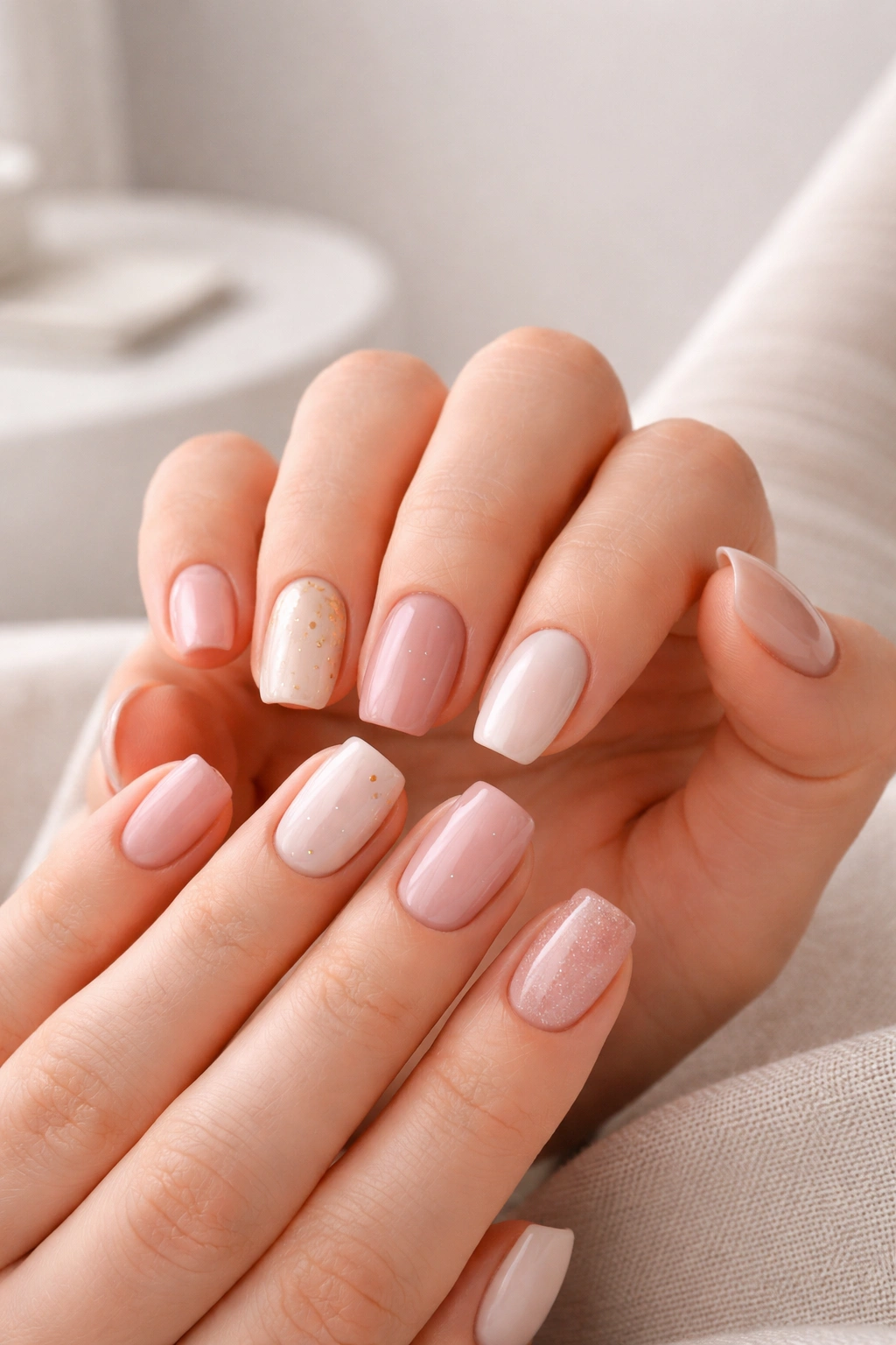 Close-up of short squoval acrylic nails in a minimal manicure setup.