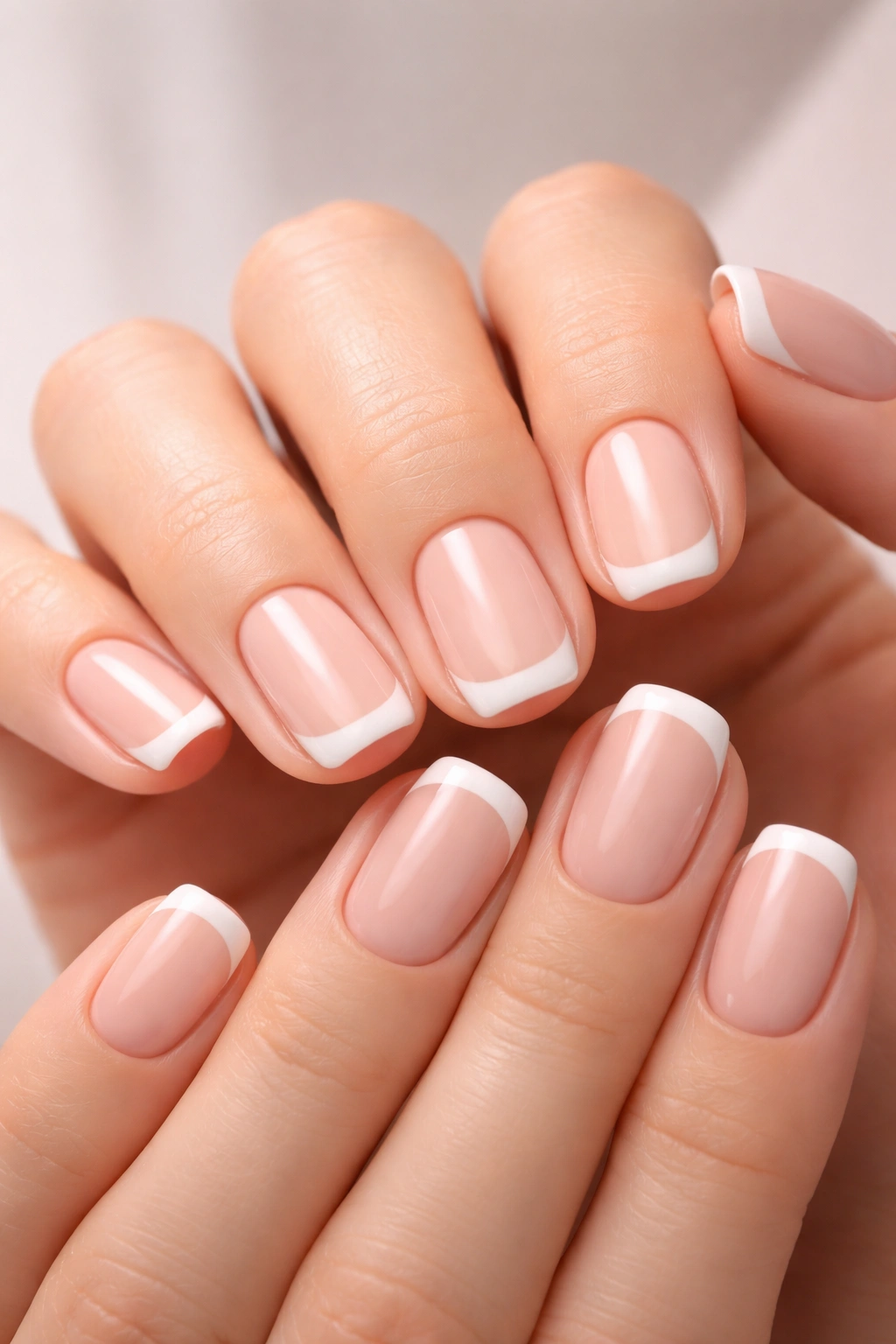 Close-up of short squoval nails with French manicure on nude bases