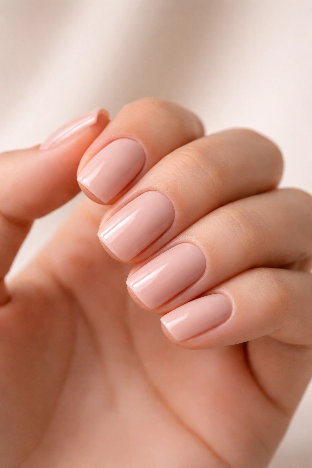 Close-up of a hand with short squoval nails in glossy nude polish highlighting nail shape