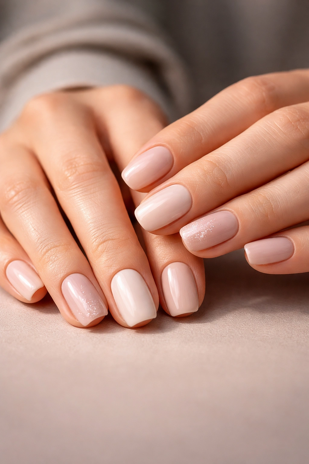 Close-up of hands showing short squoval nails with a clean, polished finish