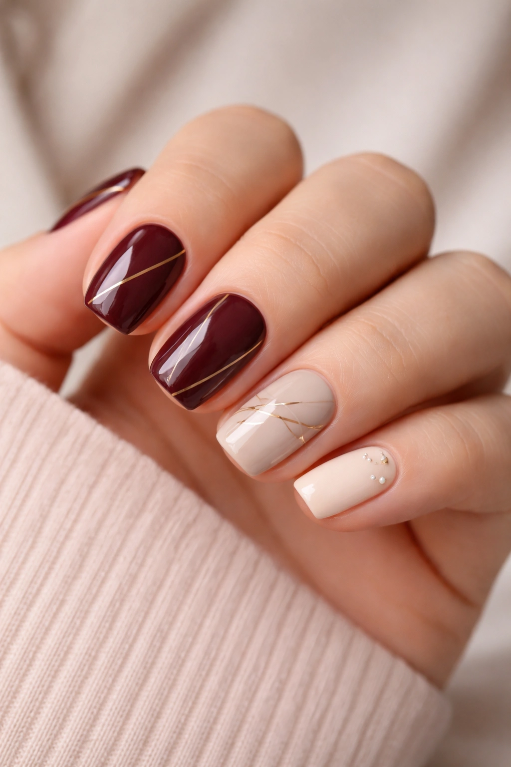 Close-up of a hand showing short squoval nails in burgundy with gold lines, nude geometric design, and ivory pearl accents