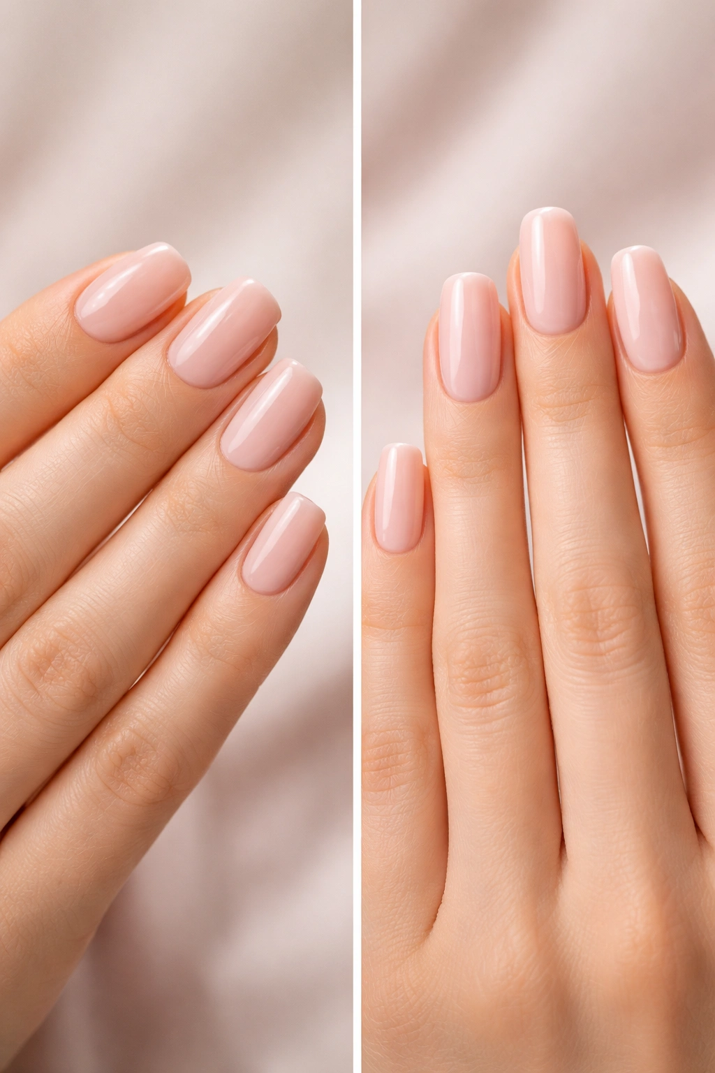 Close-up of hands showing short vs long squoval nails highlighting nail bed width and finger length